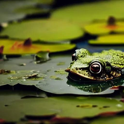 Image similar to dark clouds, close - up of a alien space frog in the pond with water lilies, shallow depth of field, highly detailed, autumn, rain, bad weather, ominous, digital art, masterpiece, matte painting, sharp focus, matte painting, by isaac levitan, asher brown durand,