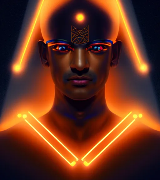 Image similar to symmetry!! egyptian god of technology, solid cube of light, hard edges, product render retro - futuristic poster scifi, lasers and neon circuits, brown skin handsome egyptian god, intricate, elegant, highly detailed, digital painting, artstation, concept art, smooth, sharp focus, illustration, dreamlike, art by artgerm