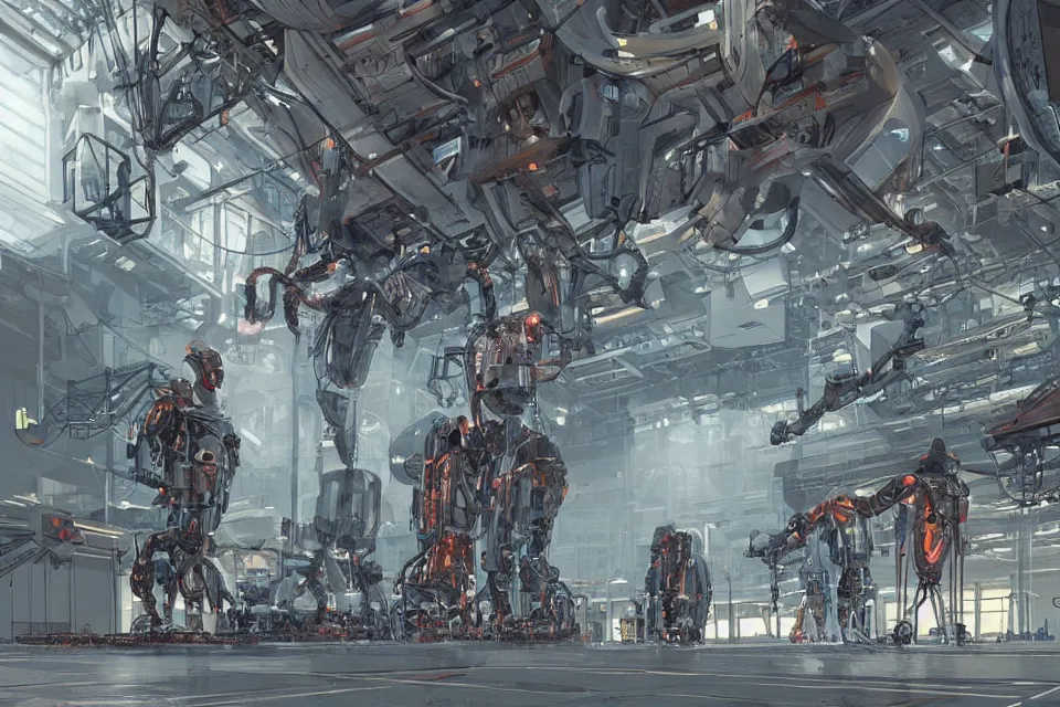Image similar to hangar with giant humanoid robots, Industrial Scifi, detailed illustration, character design, by Martin Grip and Moebius