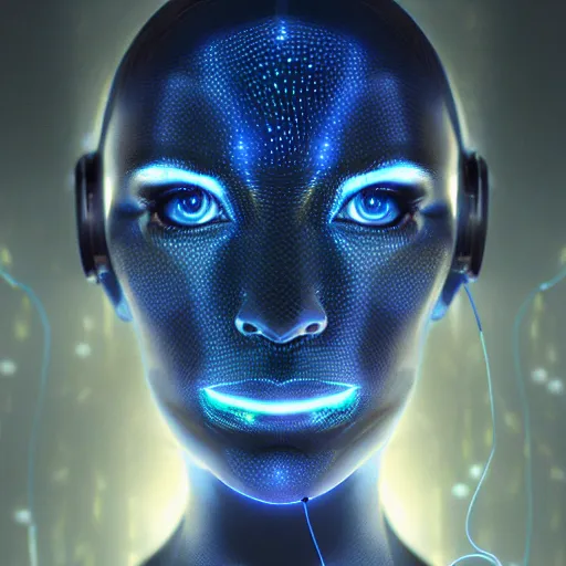 Prompt: artificial intelligence, server in the middle, deep view, heavy blue led lights, wires connected, award winning creature portrait photography, extremely detailed, artstation, 8 k, sensual lighting, incredible art, wlop, artgerm