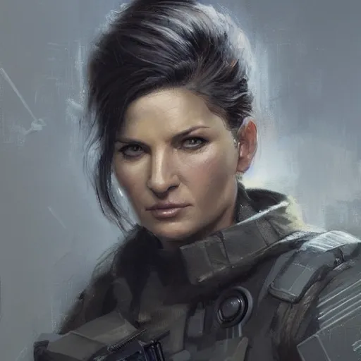 Image similar to portrait of a woman by greg rutkowski, she looks like gina carano, she is about 7 0 years old, impeccable military composure, wearing tactical gear of the galactic alliance, star wars expanded universe, highly detailed portrait, digital painting, artstation, concept art, smooth, sharp foccus ilustration, artstation hq