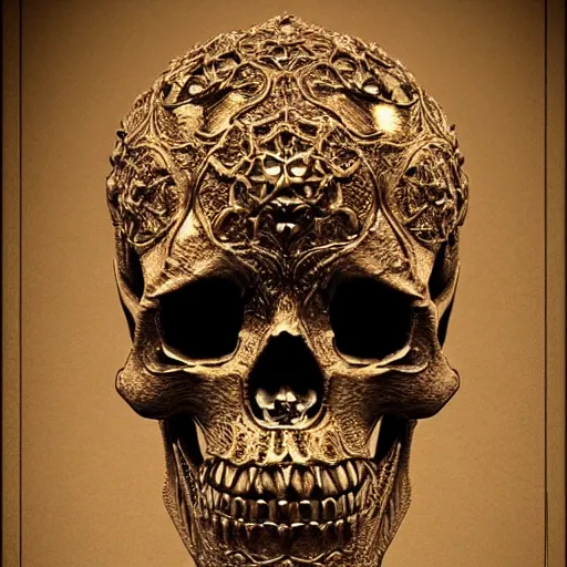 Prompt: human skull ornated, filigree, patina, gold, ornaments, 3 d design for tattoo, hyper maximalist, elegant, ornate, luxury, elite, symmetrical, unreal engine, 3 d design