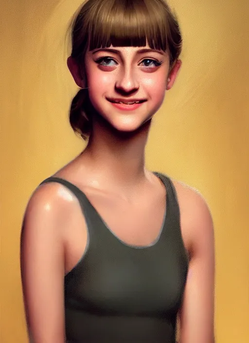 Image similar to portrait of teenage lili reinhart with bangs, smiling kindly, bangs, 1 9 6 0 s, ponytail, bangs and ponytail, intricate, elegant, glowing lights, highly detailed, digital painting, artstation, concept art, smooth, sharp focus, illustration, art by wlop, mars ravelo and greg rutkowski