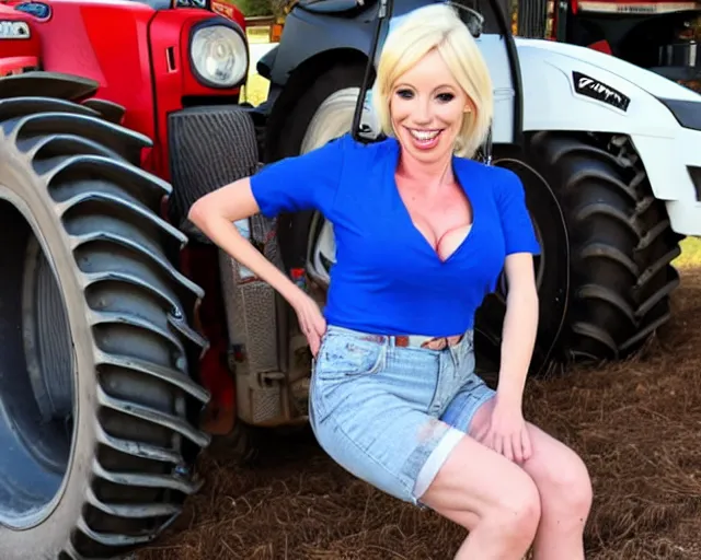 Image similar to Piper Perri wearing a conservative outfit working on a tractor in the summer heat