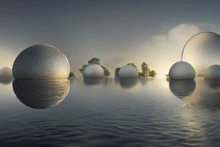 Image similar to a building formed by the intersection and fusion of many multi - white spherical and egg - shaped spaces. on the calm lake, people's perspective award winning, highly detailed 4 k art, dusk, unreal engine highly rendered, global illumination, radial light, internal environment by kazuyo sejima