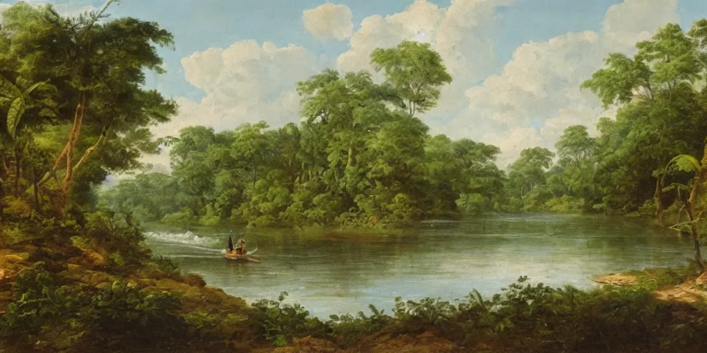 Image similar to painting of a river in the jungle with a small boat in the distance