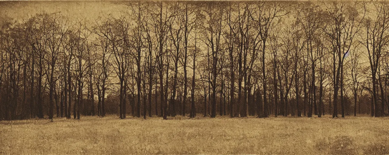 Prompt: An analog Kodak film picture of a vast rolling plain dotted with trees, sepia, circa 1912