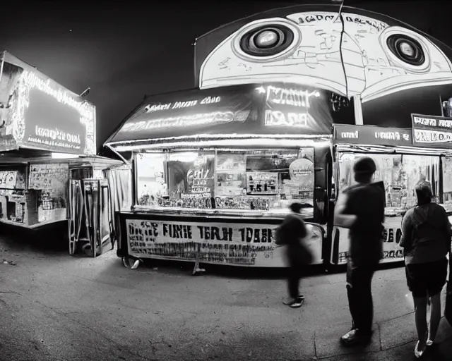 Prompt: camera footage of barney the dinosaur standing at the street food stand, high exposure, dark, monochrome, camera, grainy, CCTV, security camera footage, timestamp, zoomed in, fish-eye lense, fish-eye lense