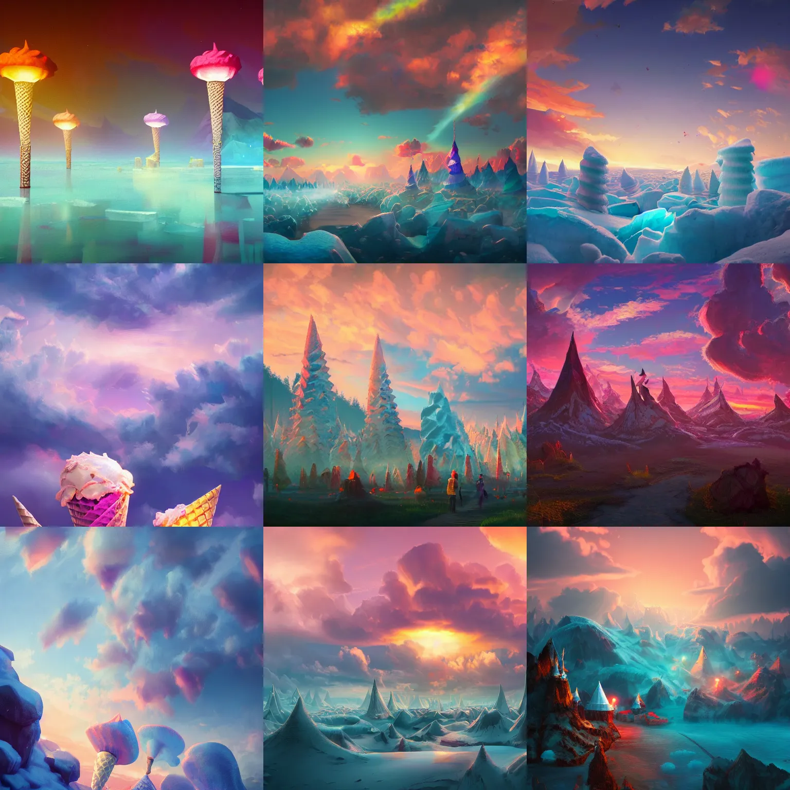 Prompt: a sky of ice cream cones in a colorful fantasy world, beautiful landscape, dramatic lighting, cinematic, extremely high detail, photorealistic, cinematic lighting, post processed, concept art, artstation, matte painting, style by greg rutkowsky