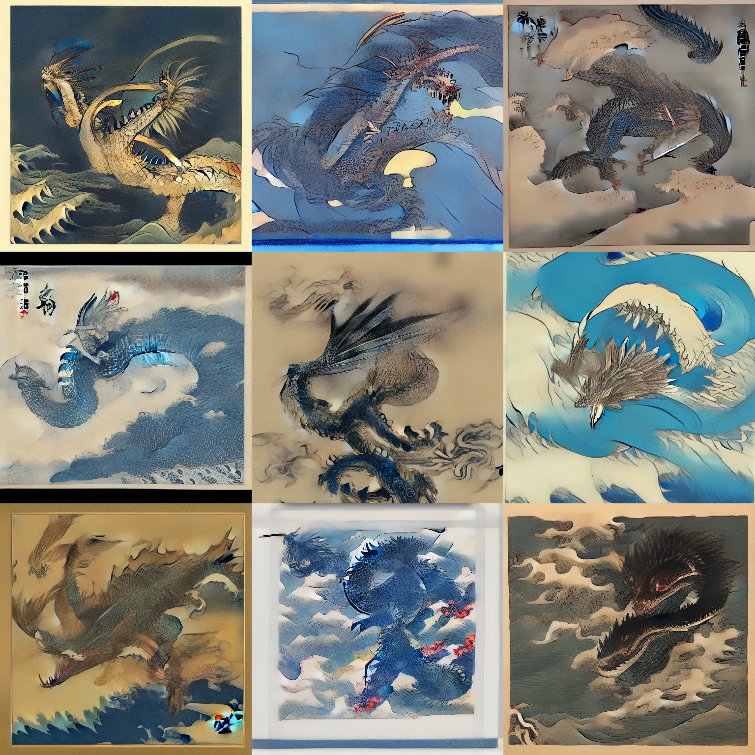 Prompt: flying dragon in the style of Hokusai