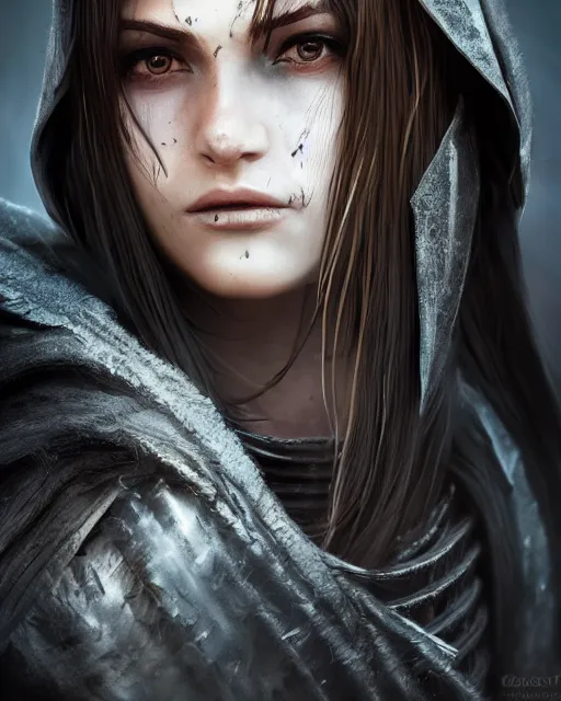 Prompt: female bounty hunter, close up, beautiful, symmetrical face, highly detailed eyes, detailed black long hair, brown leather cloak, feathers in hair, by greg rutkowski, wlop, cinematic lighting, intricate, blender, unreal engine 5, extremely detailed, masterpiece, award winning, pixiv, ray tracing