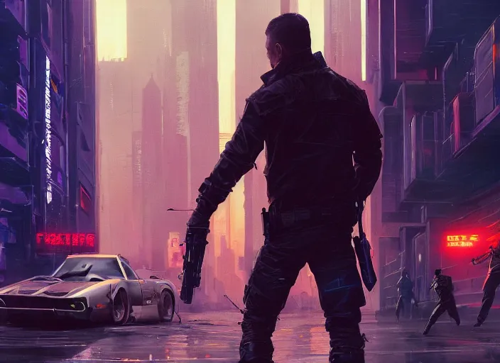 Image similar to ezra evades sgt griggs. cyberpunk hacker escaping menacing cops ( blade runner 2 0 4 9, dystopian, cyberpunk 2 0 7 7 character design ). epic painting by james gurney and laurie greasley, oil on canvas. cinematic, hyper realism, realistic proportions, anatomy, dramatic lighting, high detail 4 k