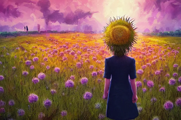 Image similar to giant thistle flower under head, a girl in a suit in field of flowers, surreal photography, sunrise, blue sky, dramatic light, impressionist painting, digital painting, artstation, simon stalenhag