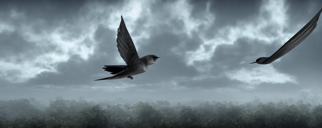 Prompt: a swallow bird flying through the clouds, atmospheric, mist, epic, photorealistic, realistic, rule of thirds, extremely detailed, 4 k, 8 k, unreal engine 5 render, rim lighting, rtx, ray traced lighting, shot on 3 5 mm, film grain