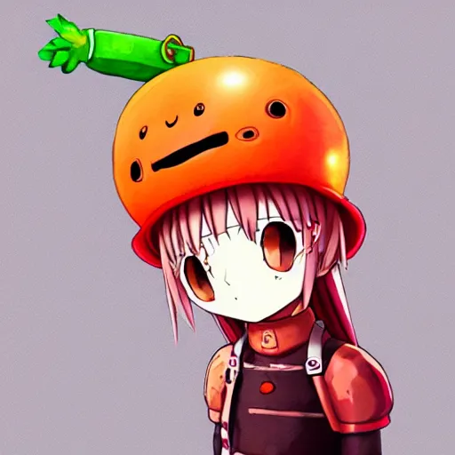 Image similar to cute android with big tomato hat and a carrot sword, made in abyss style