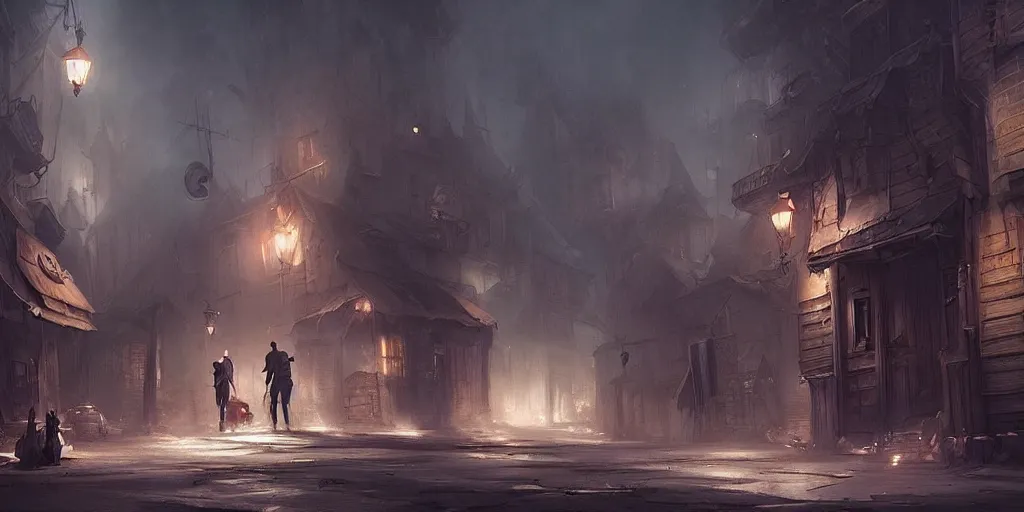 Prompt: dark town street by bastien lecouffe - deharme and charles bowater, greg rutkowski, adventure game, high angle, inspired by diablo concept art