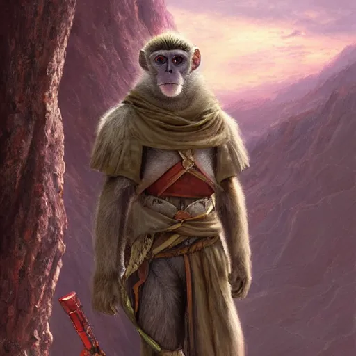 Prompt: self portrait of a vervet monkey Paladin . Full body with draped fabric cape and Mongolian body armor, digital art, realistic, ultradetailed, concept art in the style of A new Hope, art by greg rutkowski and thomas kinkade, trending on artstation, devianart, cgsociety