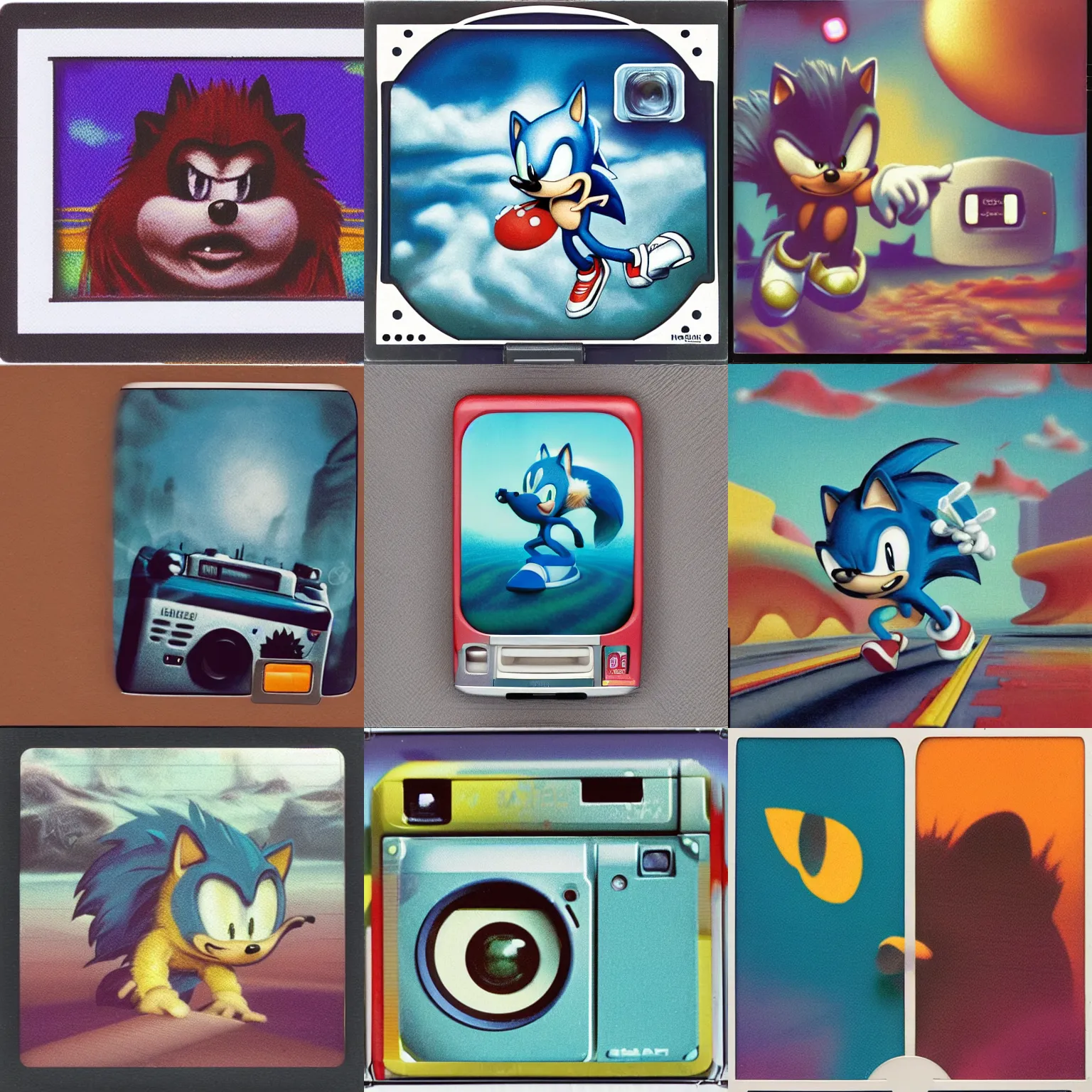 Prompt: polaroid instax portrait of sonic hedgehog and a matte painting landscape of a surreal, sharp, foggy, detailed professional, soft pastels, high quality airbrush art album cover of a liquid dissolving airbrush art lsd dmt sonic the hedgehog swimming through cyberspace, teal checkerboard background, 1 9 9 0 s 1 9 9 2 sega genesis rareware video game album cover