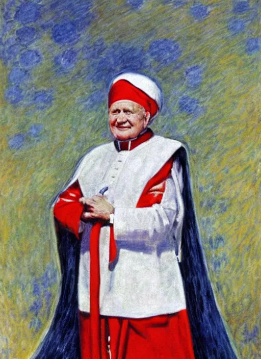Prompt: white turban and shoulder pads with cape wearing john paul ii as piccolo from dragon ball z by claude monet