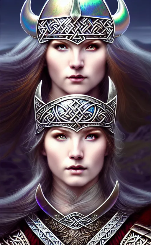 Image similar to iridescent viking warrior, regal, elegant, winter, snow, beautiful, stunning, hd, illustration, epic, d & d, fantasy, intricate, elegant, highly detailed, wide angle, digital painting, artstation, concept art, smooth, sharp focus, illustration, wallpaper, art by artgerm and greg rutkowski and alphonse mucha and jin xiaodi