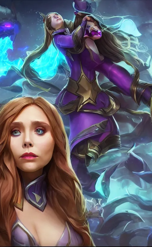 Image similar to Elizabeth Olsen as a character in the game League of Legends, with a background based on the game League of Legends, detailed face, old 3d graphics