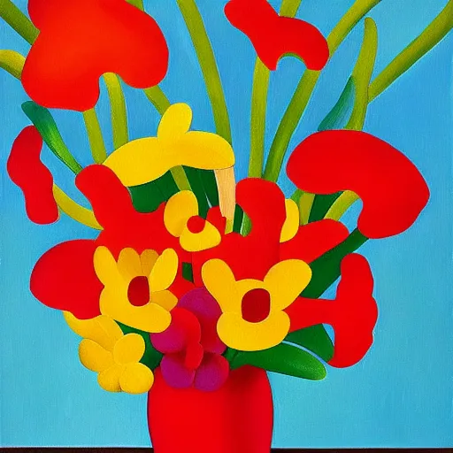 Image similar to a painting of red and yellow flowers in a white vase, a gouache by tarsila do amaral, behance, fauvism, fauvism, oil on canvas, acrylic art