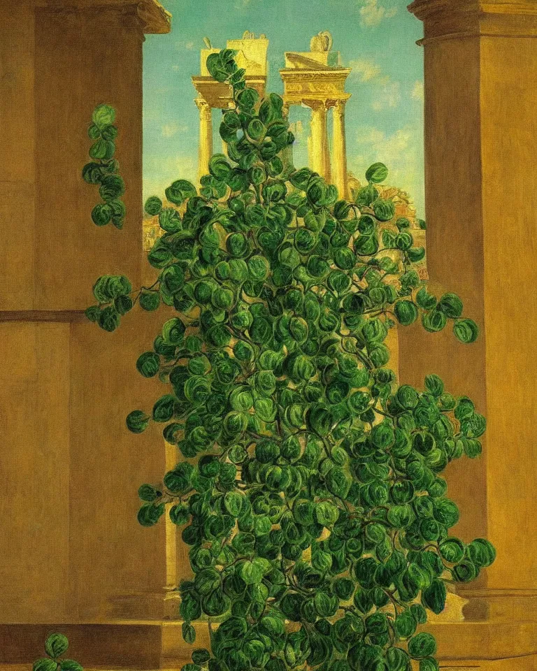 Prompt: achingly beautiful painting of intricate ancient roman corinthian capital on green and gold background by rene magritte, monet, and turner. giovanni battista piranesi.