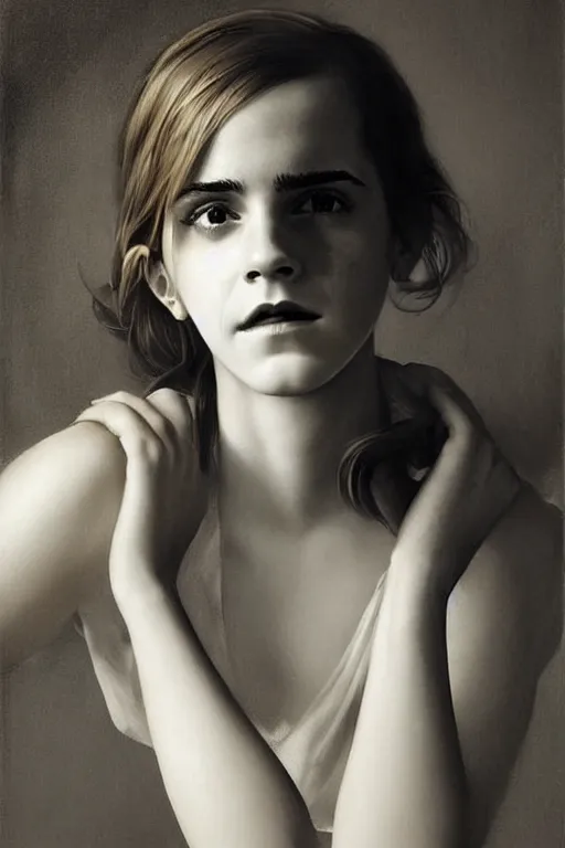 Image similar to emma watson gathered faille v - neck detailed portrait painting by gaston bussiere craig mullins j. c. leyendecker award winning photograph photorealsitic octane render photograph by richard avedon peter lindbergh monochrome studio lighting