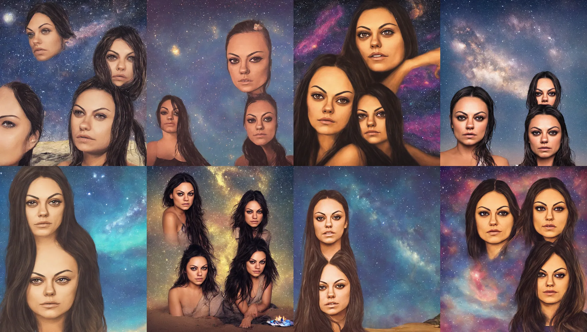 Prompt: face portrait of mila kunis sitting next to a beach campfire at night, stars, nebula