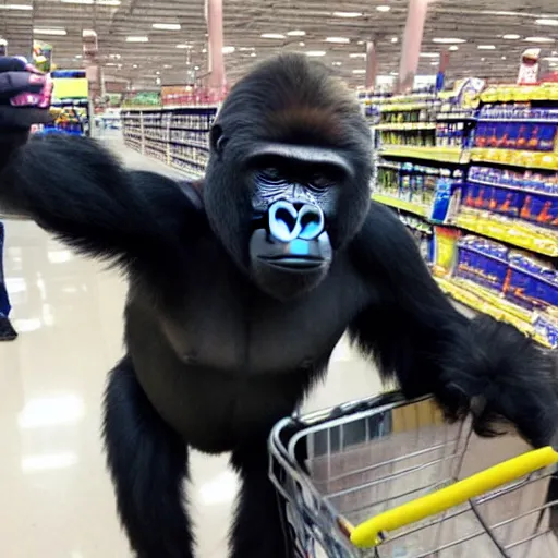 Prompt: gorilla taking a selfie running from security at a walmart