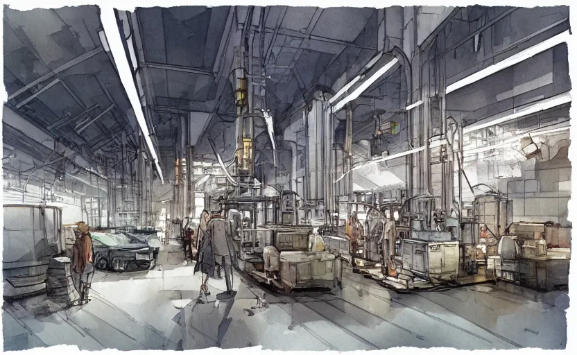 Image similar to concept art of a industrial complex, pinterest, artstation trending, behance, watercolor, by coby whitmore, silver, laser light,