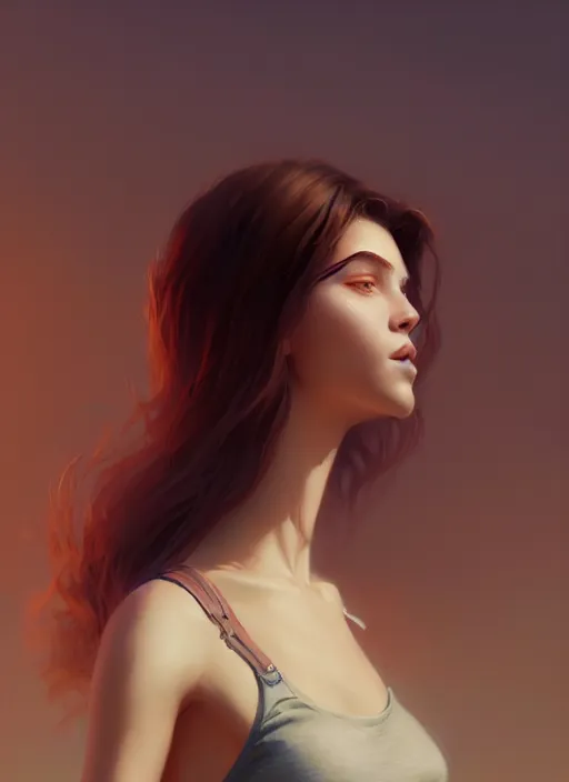 Image similar to ultradetailed beautiful painting of a stylish young lady wearing a crop top, dramatic, she has dreamly hair, distressed, volumetric light, full body portrait by greg rutkowski, ilya kuvshinov, james jean, makoto shinkai, on artstation