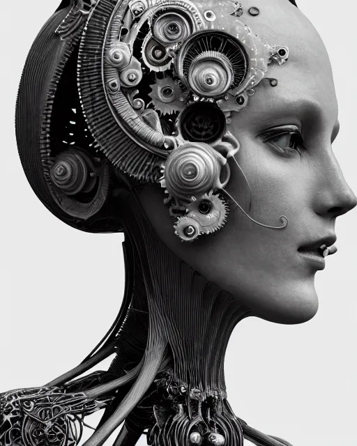 Image similar to mythical dreamy black and white organic bio-mechanical spinal ribbed profile face portrait detail of mechanical beautiful female angelic-vegetal-cyborg, highly detailed, intricate steampunk ornate, poetic, 3D render, digital art, octane render, 8K artistic photography, photo-realistic, by Dora Maar