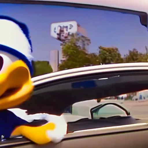 Image similar to Donald duck stealing a car, dash cam footage, wide angle lens