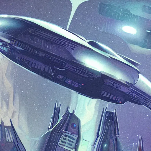 Image similar to Artistic illustration of a futuristic hard scifi spaceship in 1960s style