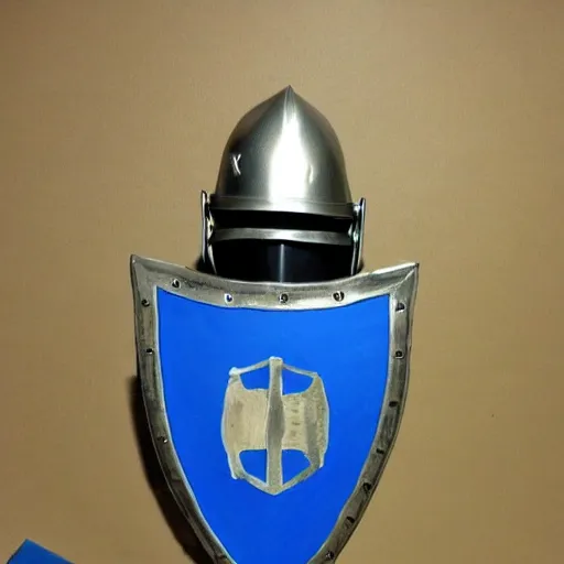 Prompt: a knight with a sword and shield both made out of blue painter's tape