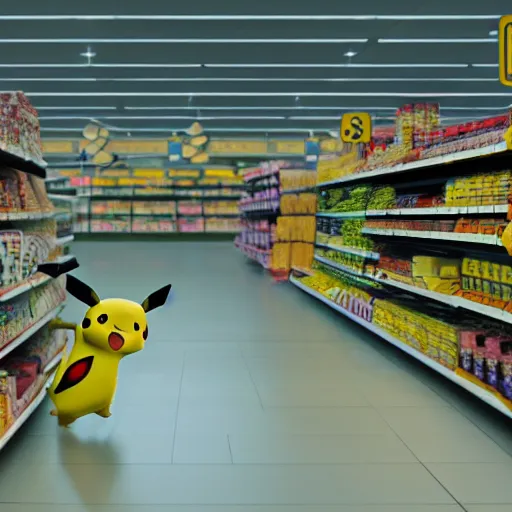 Image similar to Pikachu in a supermarket, matte painting, concept art, cgsociety, octane render, trending on artstation, artstationHD, artstationHQ, unreal engine, 4k, 8k