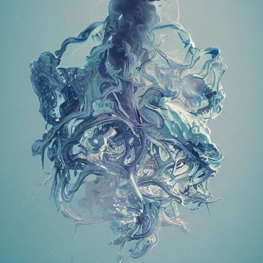 Prompt: A beautiful form made of pale blue smoke in the style of Aldo Katayanagi + Fractal Smoke + Centered + Iridescent smoky Elements + Moody Lighting + Cinematic Lighting + Deep Shadows + Hyper Realistic + Hyper Maximalist + Maximalist Composition + Intricate tendrils Details + Trending on Artstation + Hall of Fame on Cgsociety + 8K portrait + 8k Post-Processing Highly Detailed + Rendered by Octane Engine + 8K Artstation 8k Detail Post Processing + Octane Render