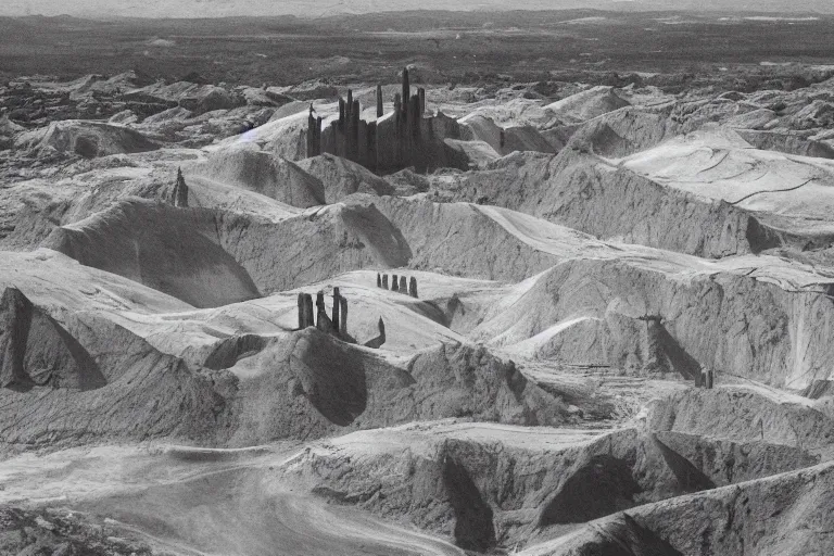 Image similar to landscape hills made of liquid melted wax paper and white brutalist desert gothic cathedral
