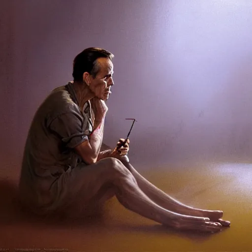 Image similar to a highly detailed epic cinematic concept art CG render digital painting artwork costume design: Henry Fonda as a 1950s tired disillusioned poet, barefoot, smoking a cigarette. volumetric lighting. By Greg Rutkowski, in the style of Francis Bacon and Syd Mead and Norman Rockwell and Beksinski, open ceiling, highly detailed, painted by Francis Bacon and Edward Hopper, painted by James Gilleard, surrealism, airbrush, Ilya Kuvshinov, WLOP, Stanley Artgerm, very coherent, triadic color scheme, realistic facial expression, art by Takato Yamamoto and James Jean