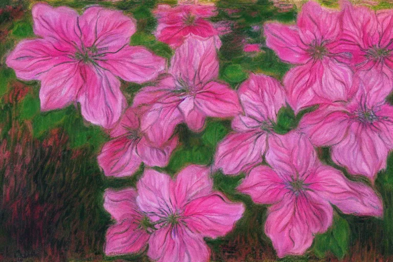 Image similar to beautiful pink dripping clematis by claude monet, oil on canvas