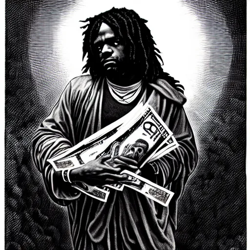 Prompt: highly accurate cheef keef rapper holding stacks of cash, biblical image, style of gustave dore, highly detailed, beautiful, high contrast, black and white