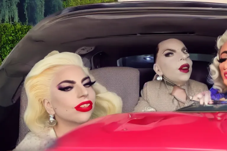 Image similar to lady gaga and judy garland carpool karaoke, highly realistic, highly detailed, high resolution, 8 k 4 k,