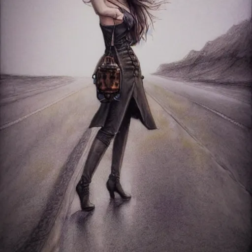 Image similar to hyper realistic full body pencil drawing of a woman steampunk standing on a road, water color, detailed, rim light, diffused, intricate, by anna dittmann,