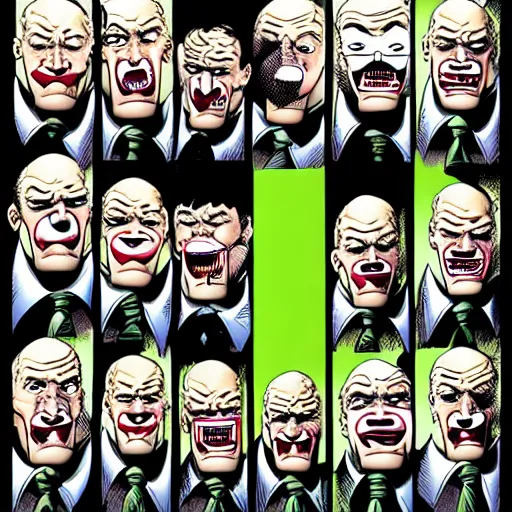 Image similar to drawing of 1 4 tiny jokers all in the mouth of gotham city's finest investigative reporter jack ryder, 4 k art by brian bolland, graphic novel art