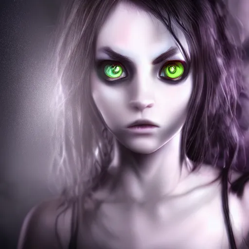 Prompt: photorealistic full shot portrait of angry darkness anime girl, electric aura, beautifull eyes, inspired by tim burton, detailed, unreal engine 4 k, volumetric light, fog