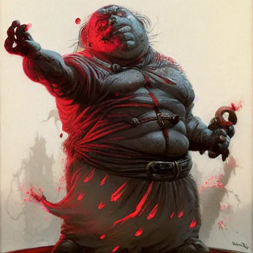 Prompt: head and shoulders portrait of a bloated blind dwarf with red glowing eyesockefs, d & d, fantasy, greg rutkowski, frank frazetta, alexandre chaudret, boris vallejo, michael whelan, miro petrov, hr giger, magali villeneuve, donato giancola