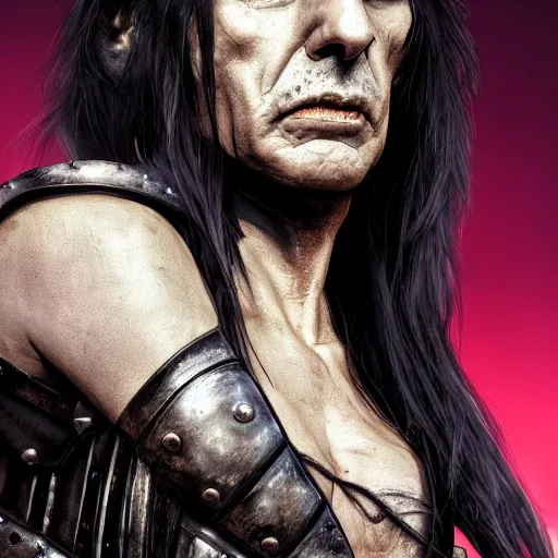 Prompt: stunning headshot of Alice Cooper, with smooth and streamlined armor, standing and posing elegantly, well detailed face, beautiful digital art, artstation, DeviantArt, FurAffinity, professional, depth of field, close-up, hd, octane render, sunset lighting