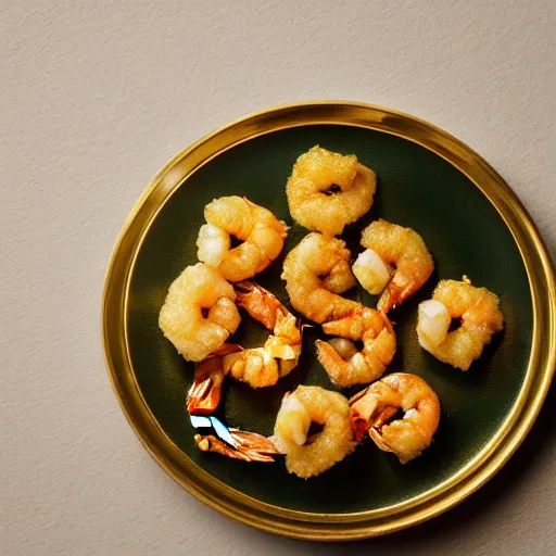 Prompt: shrimp tempura set coated entirely in gold, 100mm food photography