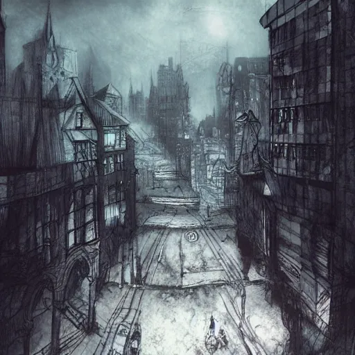 Prompt: Witcher, big city background, artwork by Ben Templesmith, deviantart contest winner,